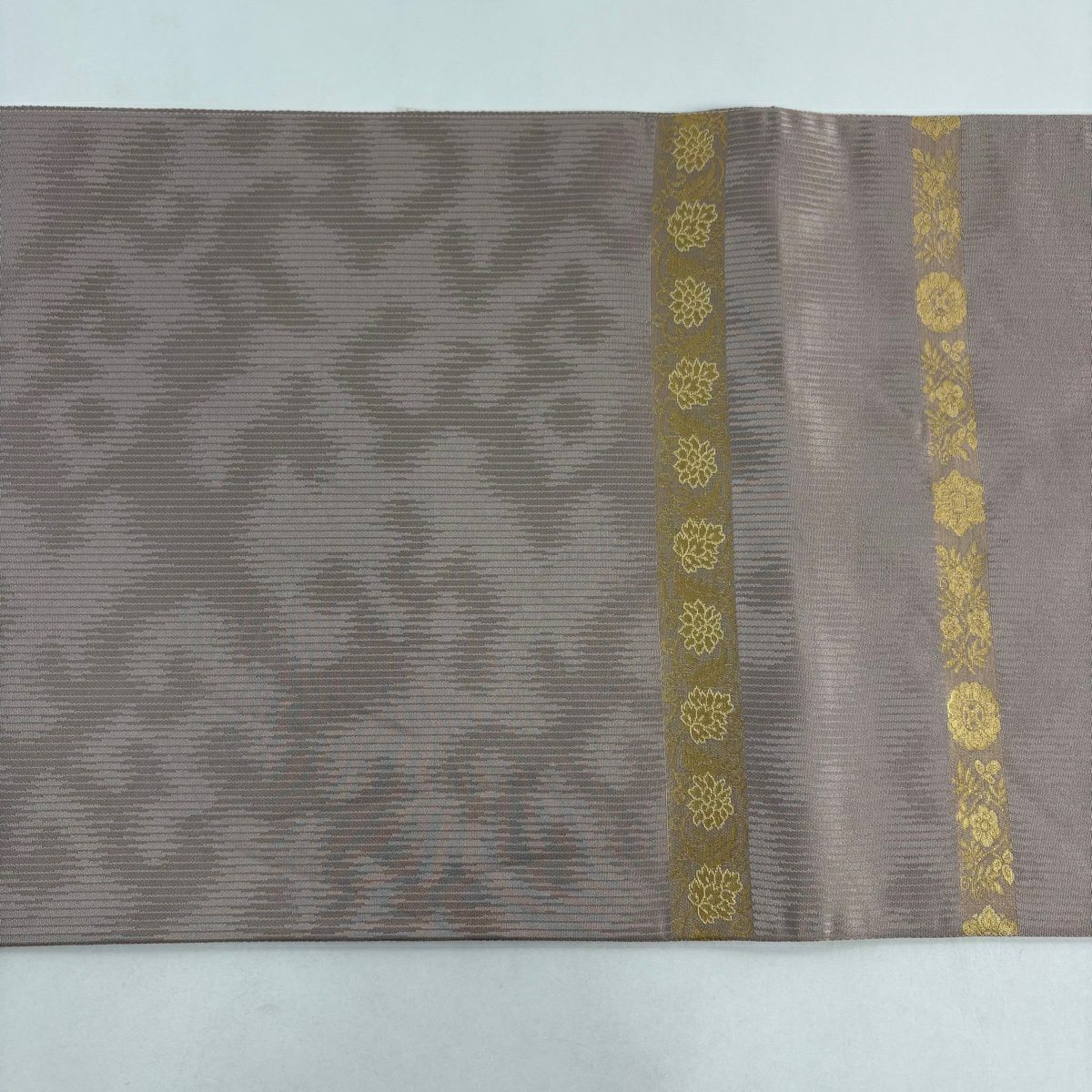 袋帶 名品級 金金箔屋清兵衛 落款 西陣織 草花紋紋 縞 金絲 金金箔 薄小豆 お太鼓柄 純蠶絲