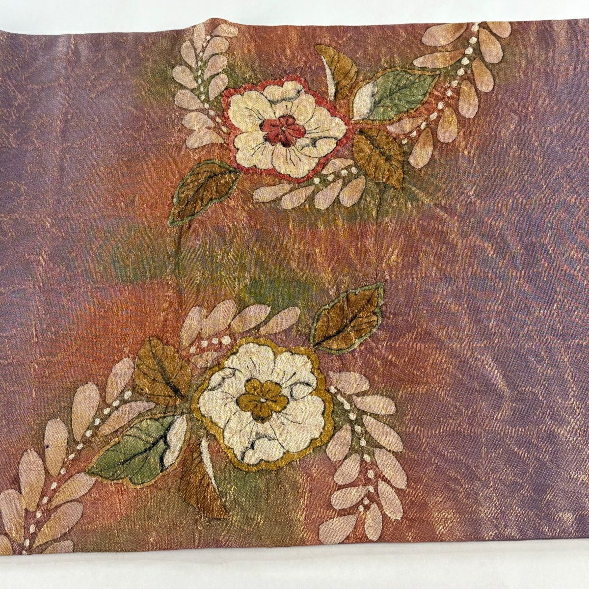 【美品】 袋帶 名品級 附落款 辻花染 金絲 金金箔 紅紫 お太鼓圖案 純蠶絲