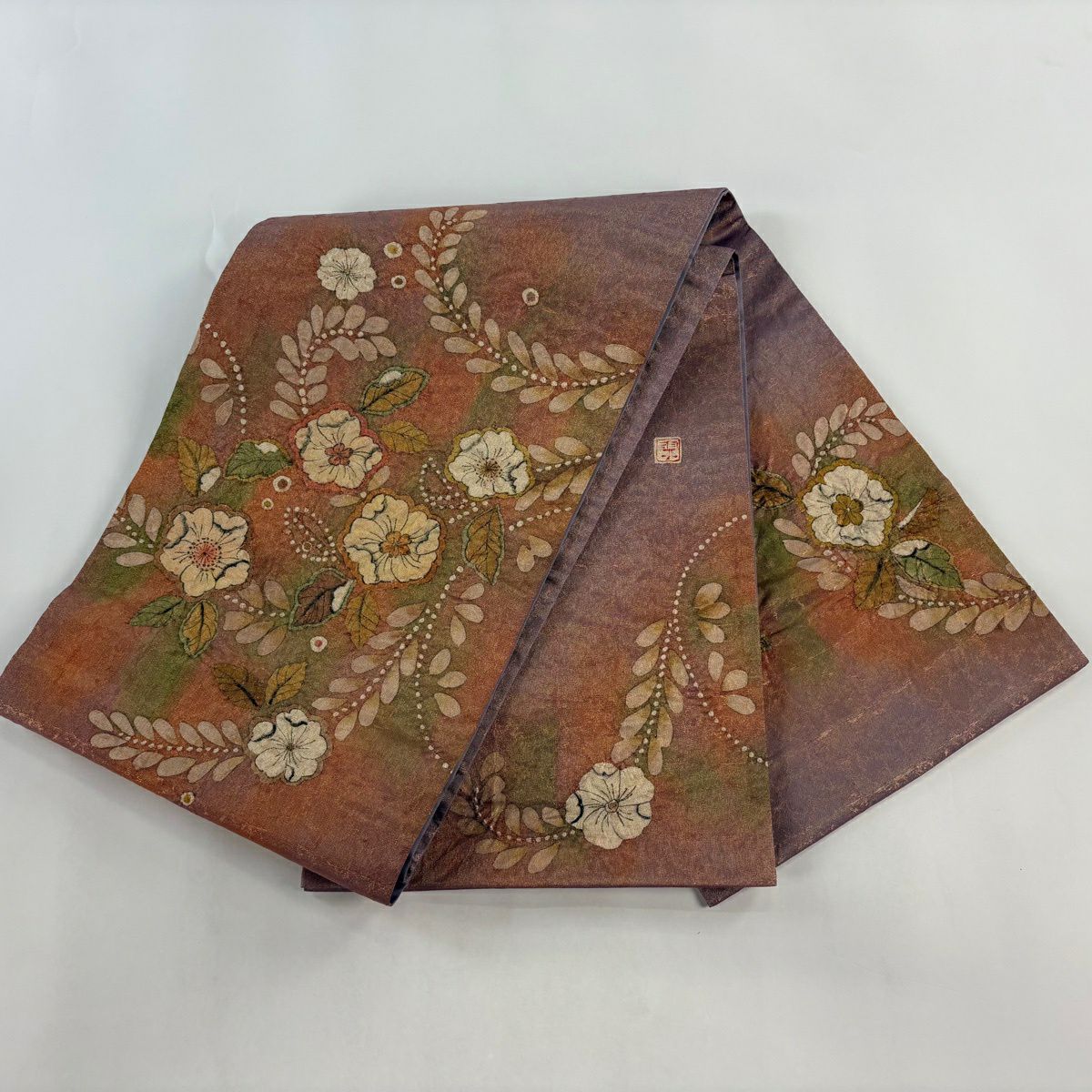 【美品】 袋帶 名品級 附落款 辻花染 金絲 金金箔 紅紫 お太鼓圖案 純蠶絲