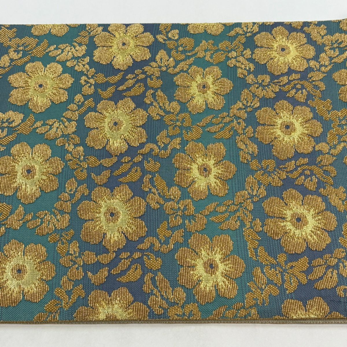 【美品】 袋帶 名品級 能衣唐花紋樣 花 龜甲 金絲 輪奈織 薄綠 全通 純蠶絲