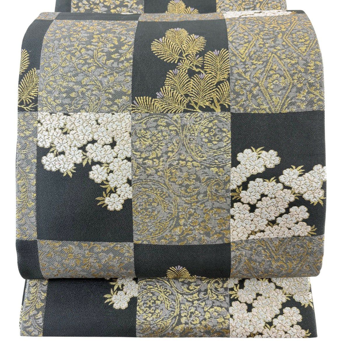 【美品】 袋帶 名品級 市松樹 櫻花 金糸 金金箔 墨 全通 純蠶絲