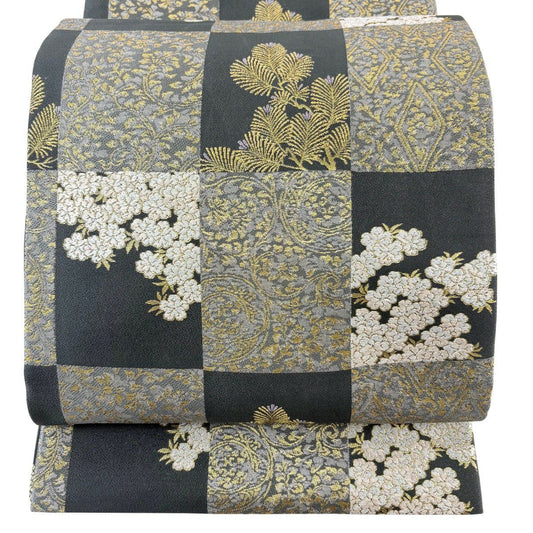 【美品】 袋帶 名品級 市松樹 櫻花 金糸 金金箔 墨 全通 純蠶絲