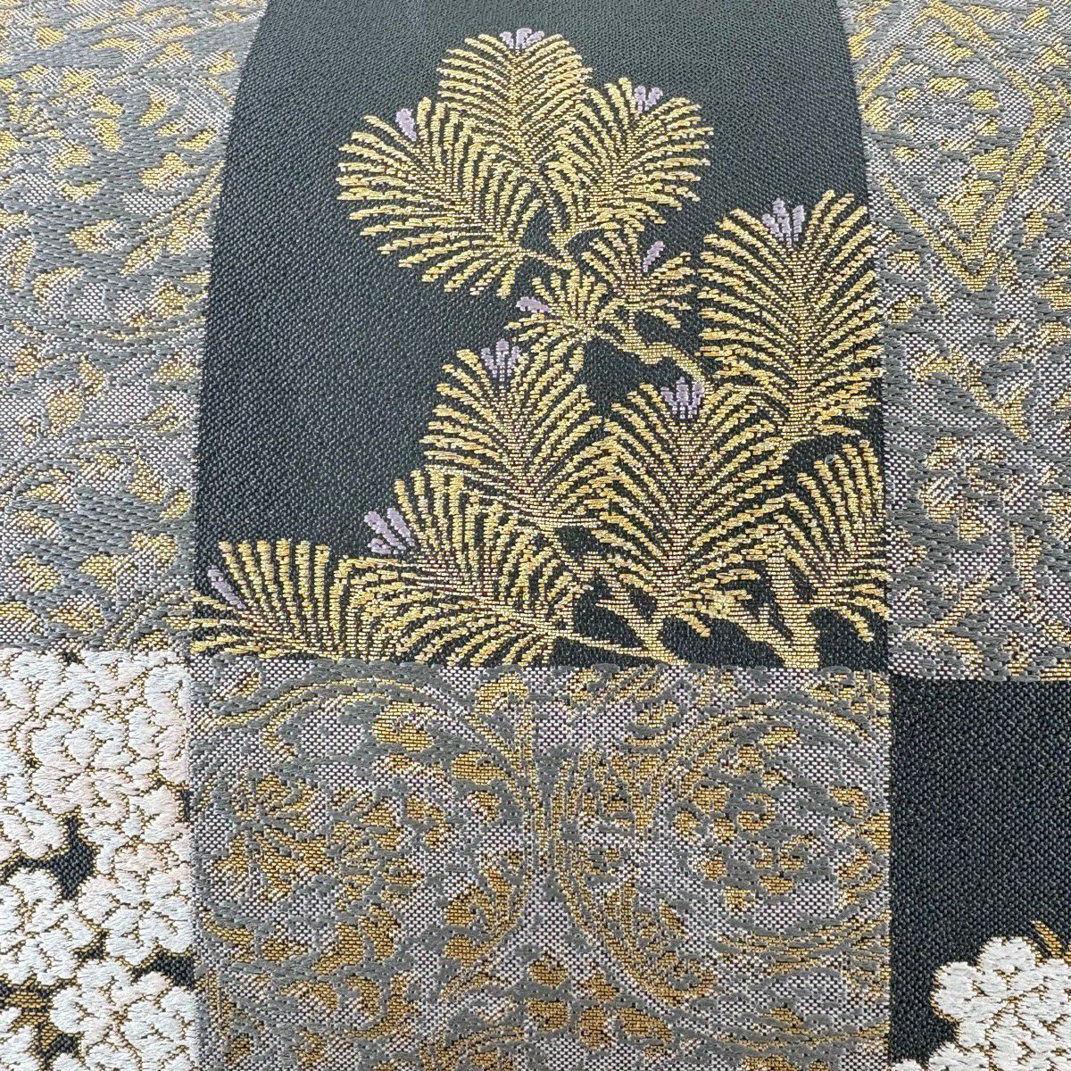 【美品】 袋帶 名品級 市松樹 櫻花 金糸 金金箔 墨 全通 純蠶絲