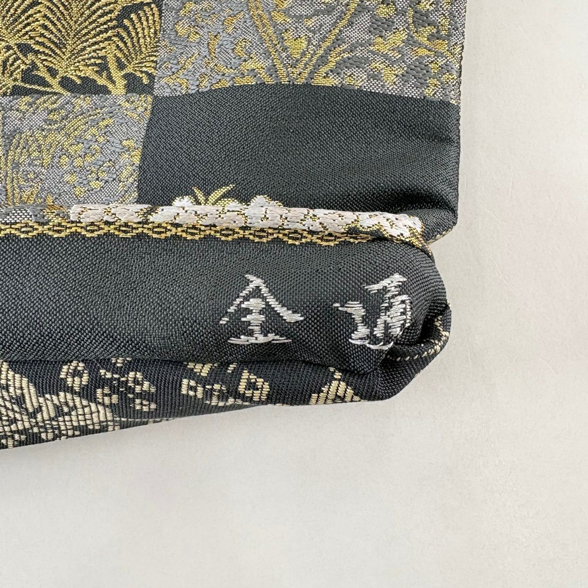【美品】 袋帶 名品級 市松樹 櫻花 金糸 金金箔 墨 全通 純蠶絲