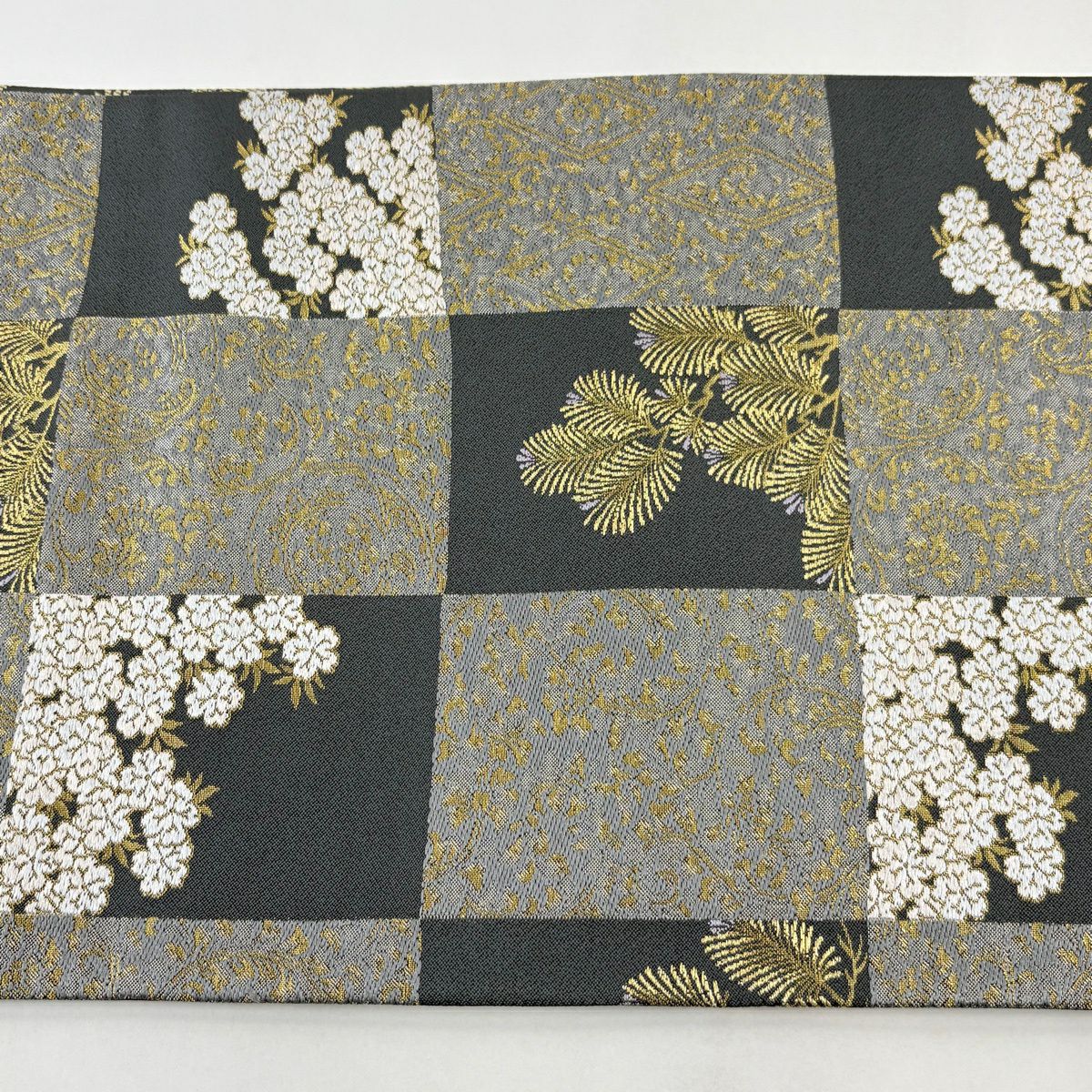 【美品】 袋帶 名品級 市松樹 櫻花 金糸 金金箔 墨 全通 純蠶絲