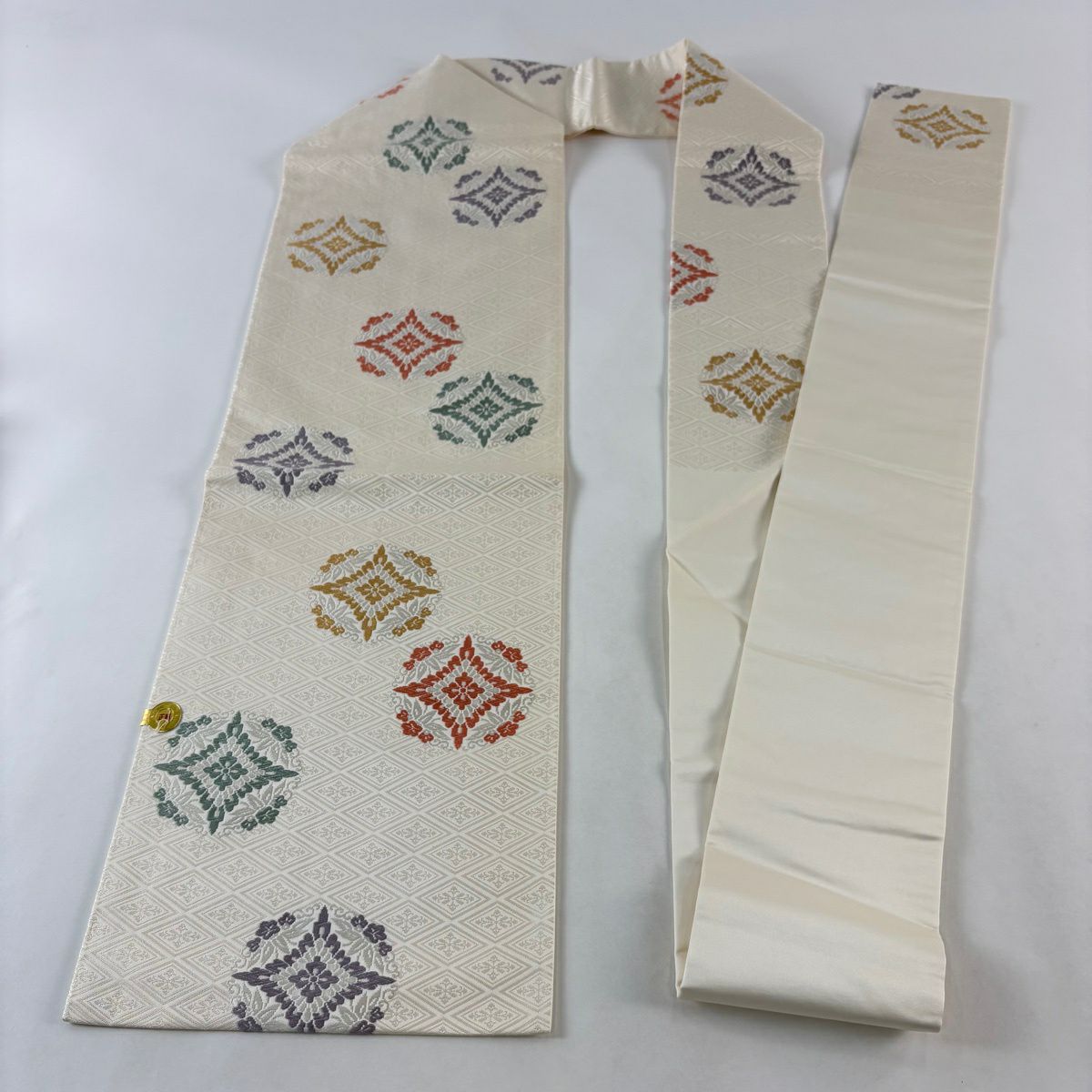【美品】 名古屋帶 名品級 證書齊全 浮線綾文 唐織 奶油色 純蠶絲
