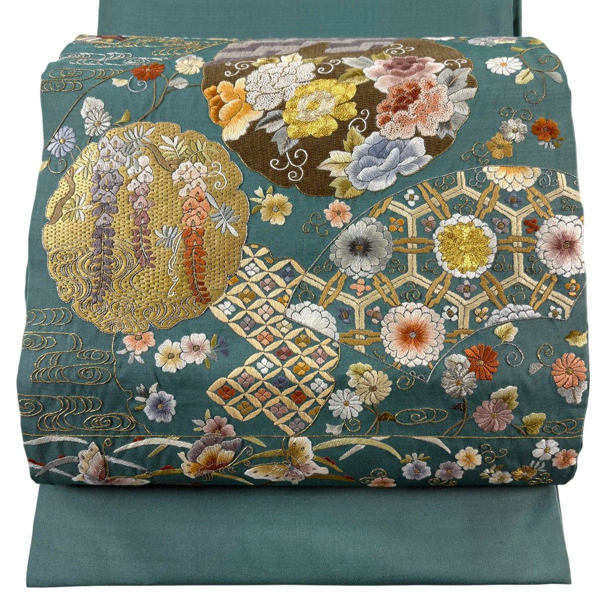 【美品】 袋帶 名品級 扇子面 雪輪 金銀彩 刺繡 綠 お太鼓柄 純蠶絲