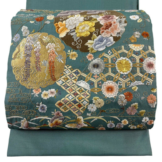 【美品】 袋帶 名品級 扇子面 雪輪 金銀彩 刺繡 綠 お太鼓柄 純蠶絲