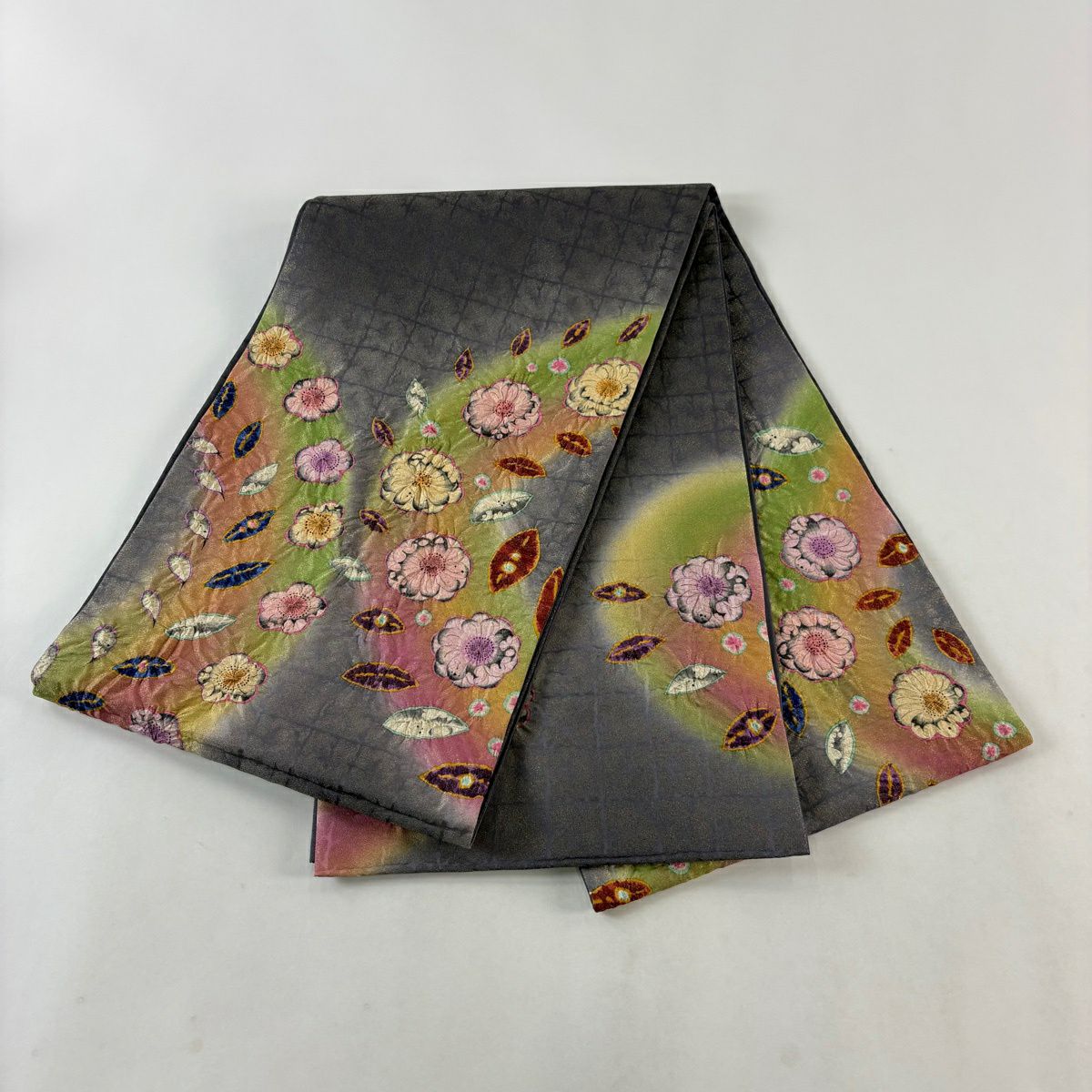 【美品】 袋帶 名品級 辻花染 葉紋 金通染 灰紫 お太鼓紋 純蠶絲