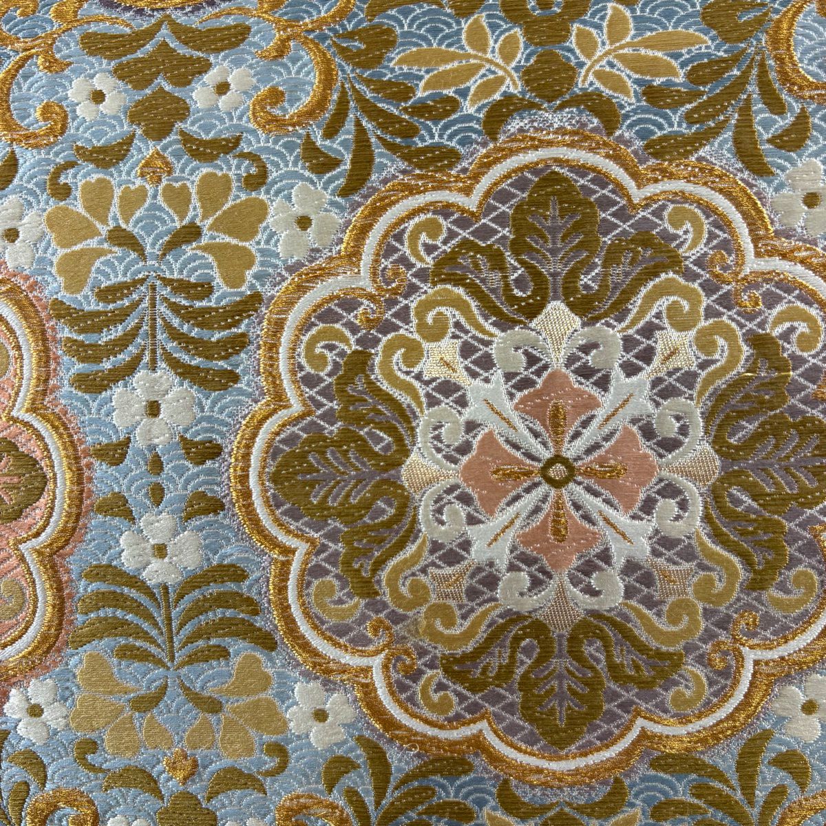【美品】 袋帶 名品級 藤花壽柏紋樣 金絲 金金箔 水藍色 六通 純蠶絲