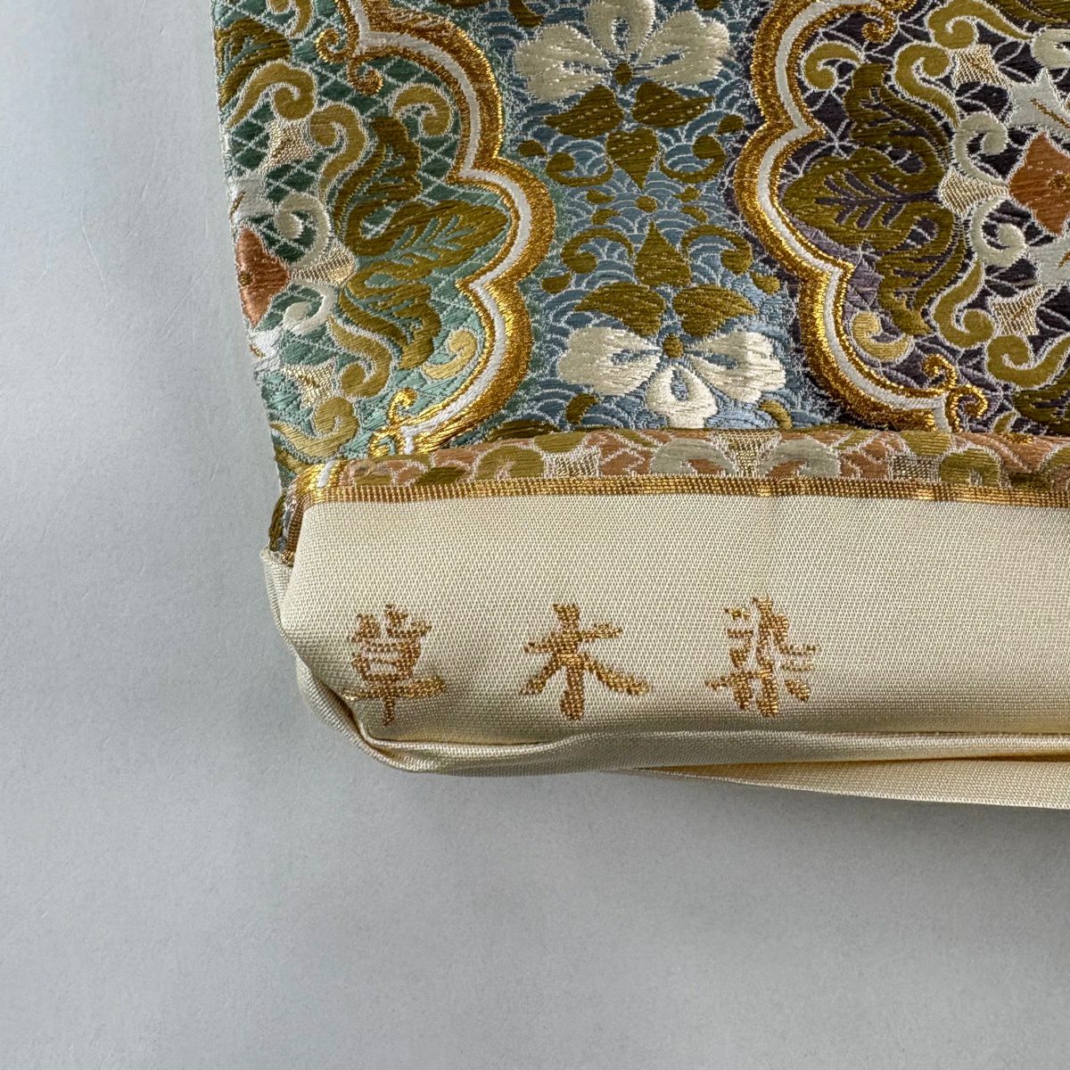 【美品】 袋帶 名品級 藤花壽柏紋樣 金絲 金金箔 水藍色 六通 純蠶絲