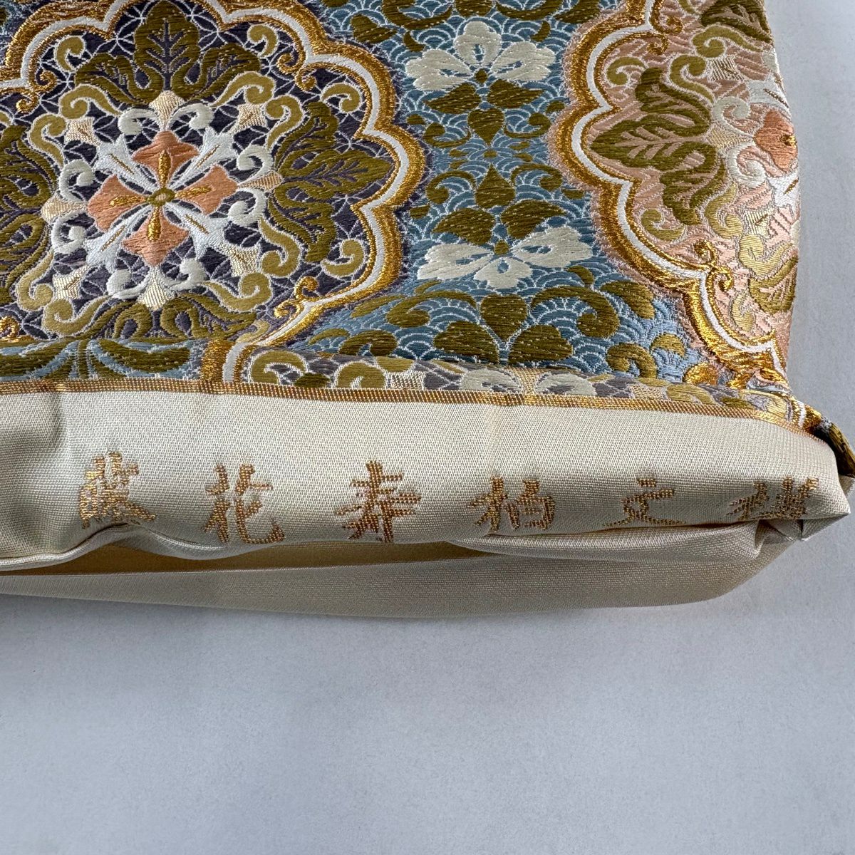 【美品】 袋帶 名品級 藤花壽柏紋樣 金絲 金金箔 水藍色 六通 純蠶絲