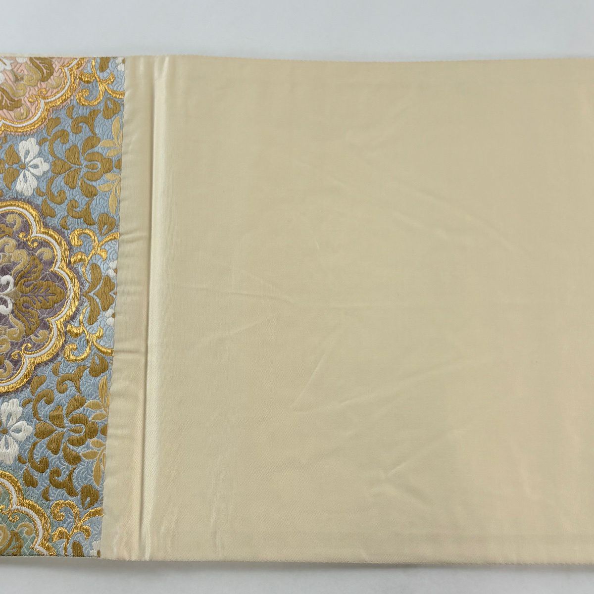 【美品】 袋帶 名品級 藤花壽柏紋樣 金絲 金金箔 水藍色 六通 純蠶絲