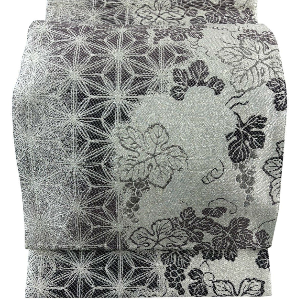 【美品】 袋帶 名品級 葡萄唐草紋 麻葉 奶油色 全通 純蠶絲