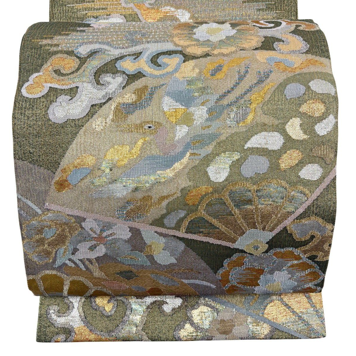 【美品】 袋帶 名品級 鈴乃屋 扇子 鳥 金絲 綴 灰綠 六通 純蠶絲