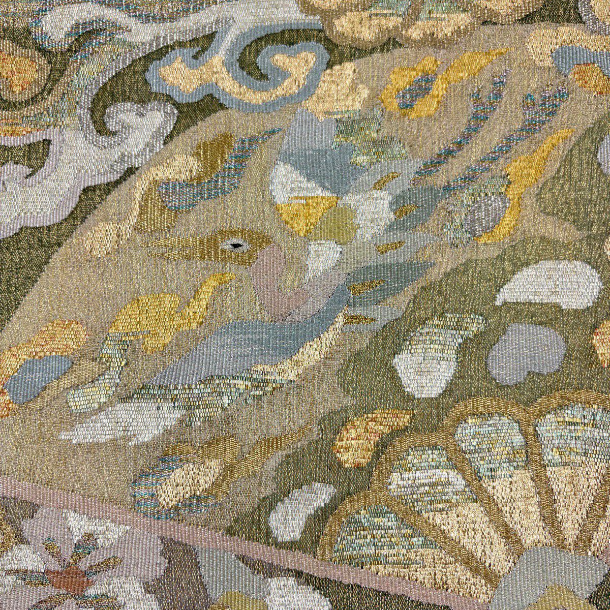 【美品】 袋帶 名品級 鈴乃屋 扇子 鳥 金絲 綴 灰綠 六通 純蠶絲