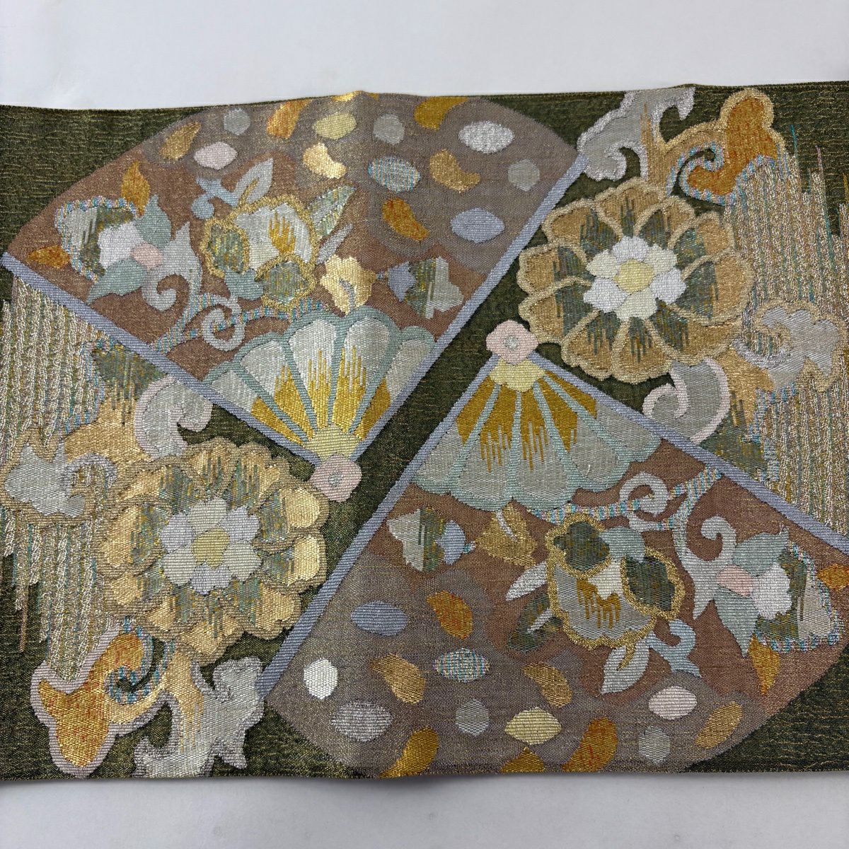 【美品】 袋帶 名品級 鈴乃屋 扇子 鳥 金絲 綴 灰綠 六通 純蠶絲