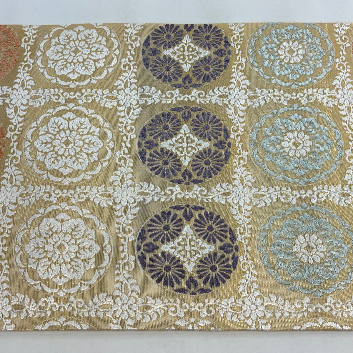 【美品】 袋帶 名品級 貝紫 小石丸 浮線綾文 華紋 金金箔 唐織 金色 六通 純蠶絲