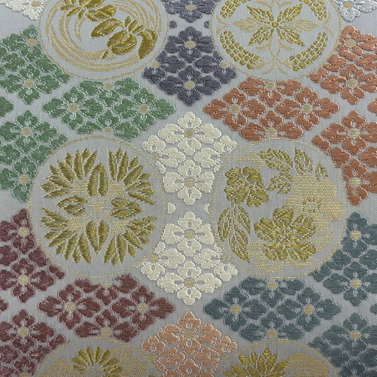 【美品】 袋帶 名品級 吉祥花丸紋 花菱 金絲 草木唐織 灰色 六通 純蠶絲