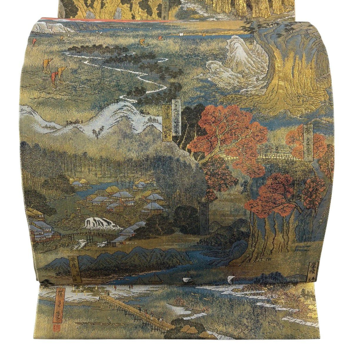 【美品】 袋帶 名品級 風景 樹木 金金箔 金絲 金色 大鼓圖案 純蠶絲
