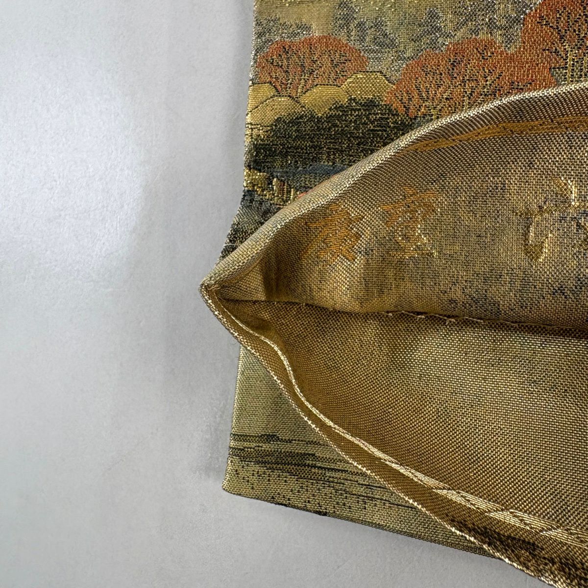 【美品】 袋帶 名品級 風景 樹木 金金箔 金絲 金色 大鼓圖案 純蠶絲