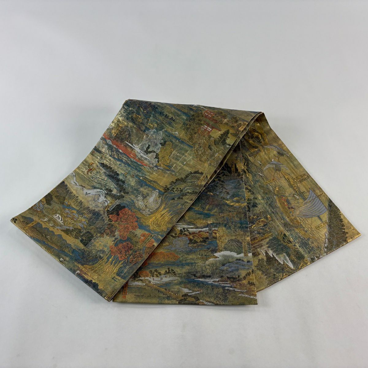 【美品】 袋帶 名品級 風景 樹木 金金箔 金絲 金色 大鼓圖案 純蠶絲