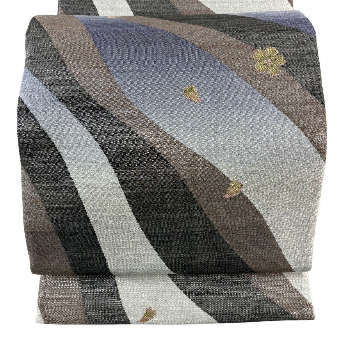 【美品】 袋帶 名品級 樱花花瓣 金銀絲 灰白 全通 純蠶絲