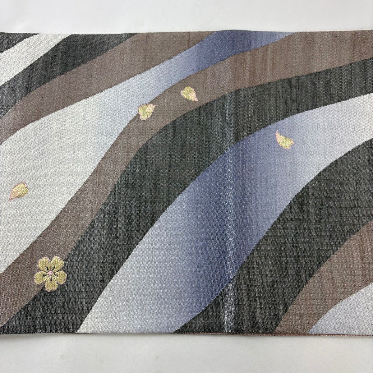 【美品】 袋帶 名品級 樱花花瓣 金銀絲 灰白 全通 純蠶絲