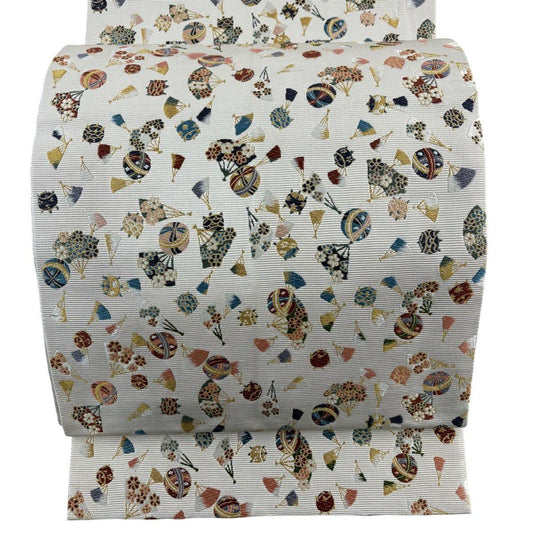 袋帶 名品級 千代紙圖案 扇子子 手毬 刺繡 金線 灰茶 六通 純蠶絲