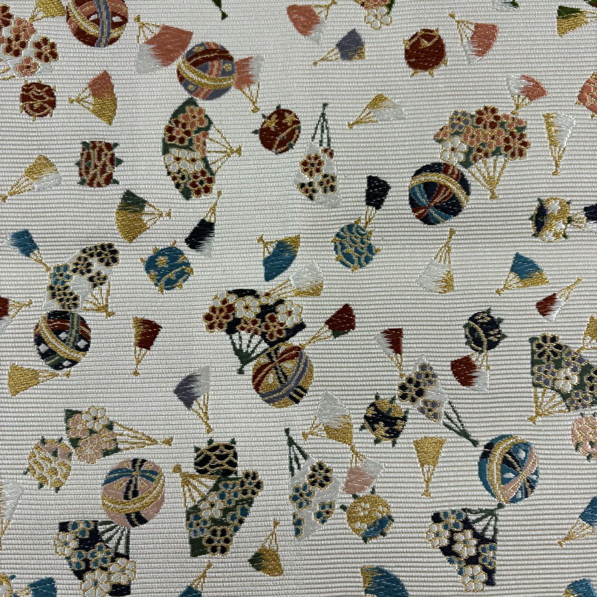 袋帶 名品級 千代紙圖案 扇子子 手毬 刺繡 金線 灰茶 六通 純蠶絲