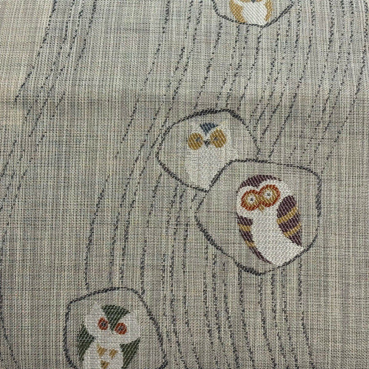 名古屋帶 名品級 鈴乃屋 貓頭鷹 幾何圖案 金銀彩 刺繡 灰茶 純蠶絲