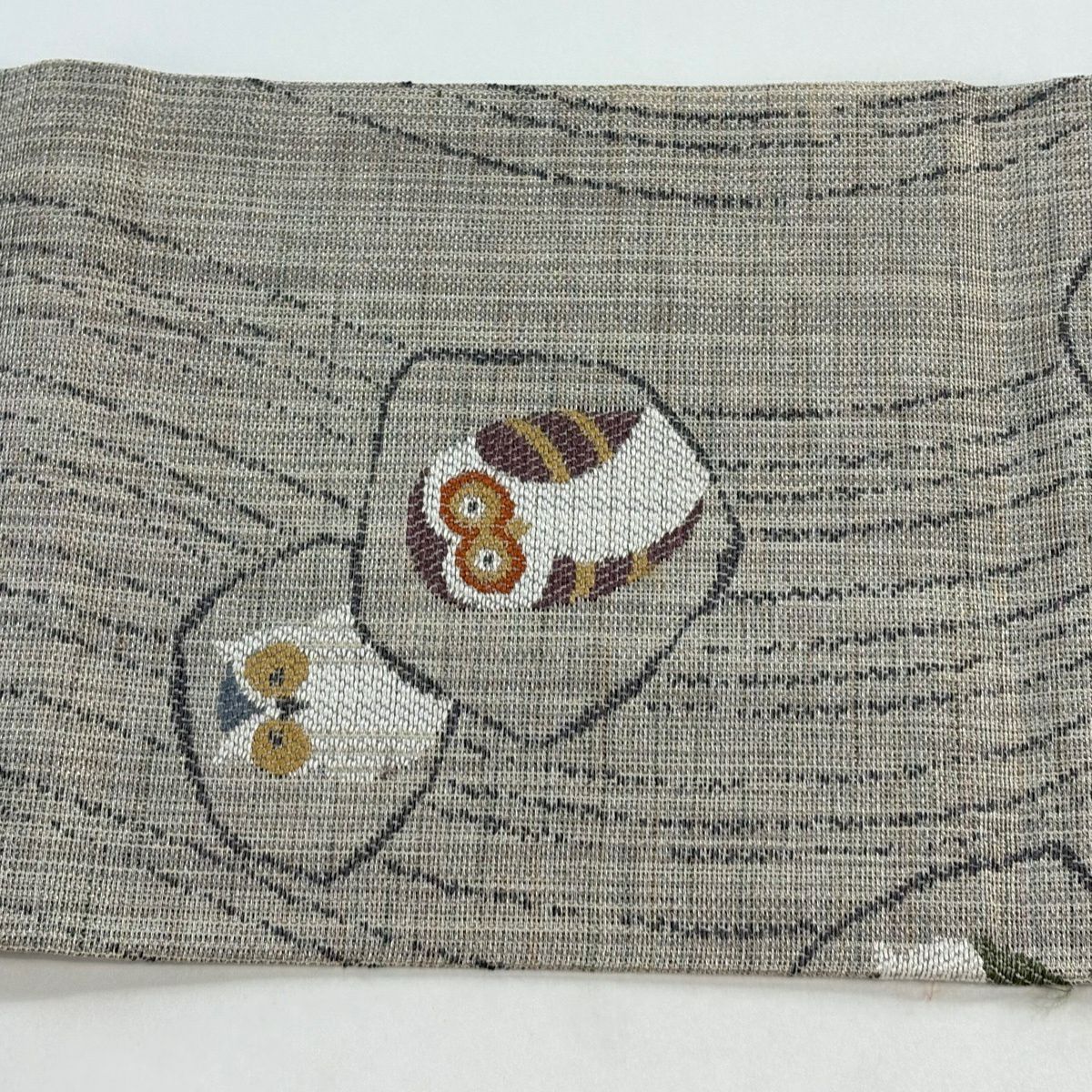 名古屋帶 名品級 鈴乃屋 貓頭鷹 幾何圖案 金銀彩 刺繡 灰茶 純蠶絲