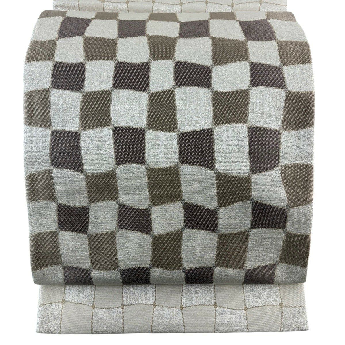 【美品】 袋帶 名品級 附落款 變化市松樹 金金箔 金線 米色 大鼓圖案 純蠶絲