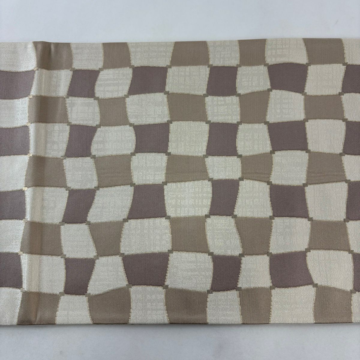 【美品】 袋帶 名品級 附落款 變化市松樹 金金箔 金線 米色 大鼓圖案 純蠶絲