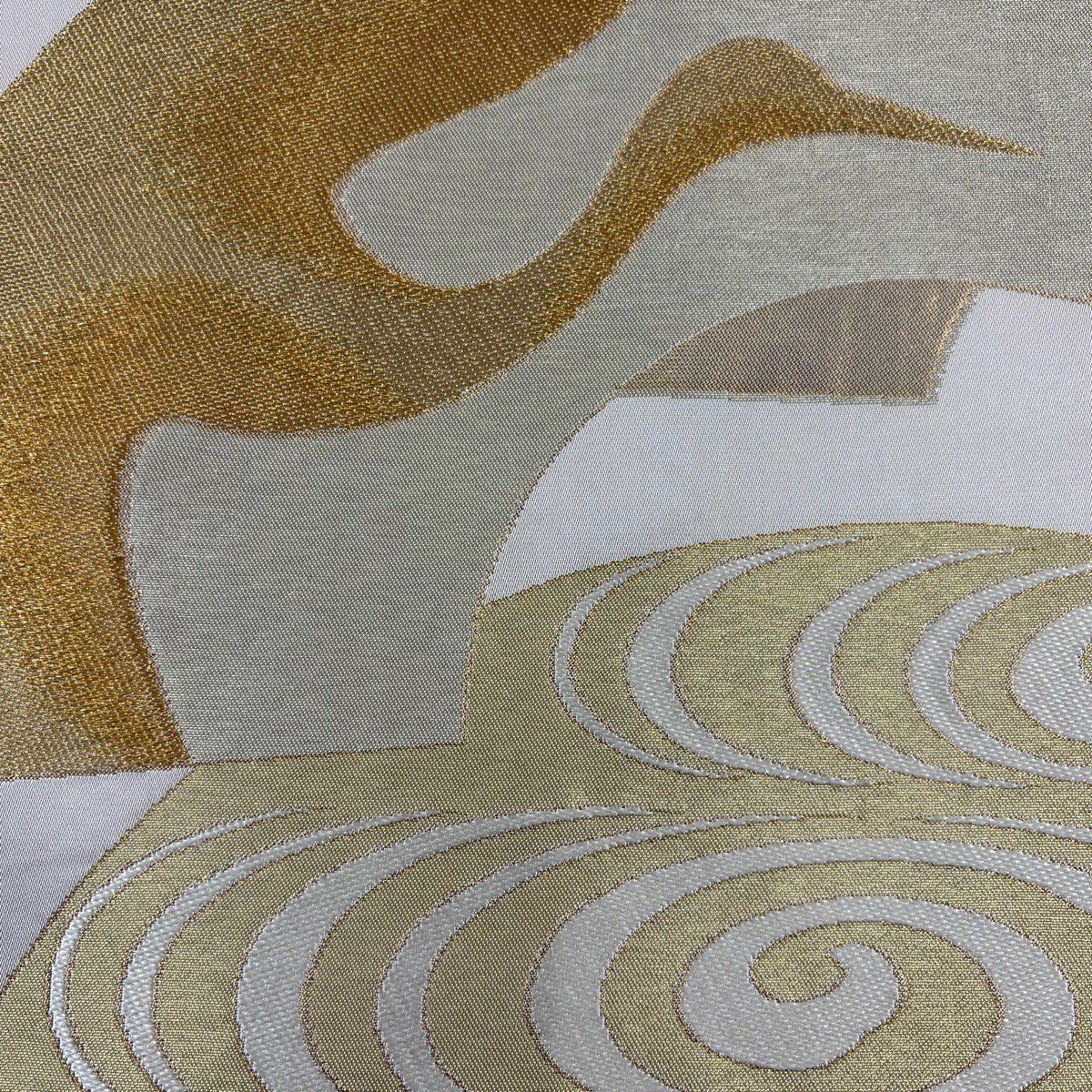 袋帶 名品級 川島織物 落款有 扇子面 仙鶴 刺繡 金絲 灰色 六通 純蠶絲