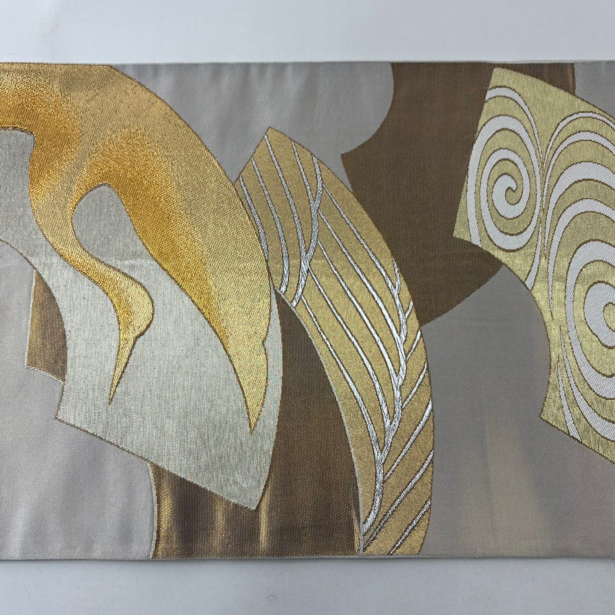 袋帶 名品級 川島織物 落款有 扇子面 仙鶴 刺繡 金絲 灰色 六通 純蠶絲