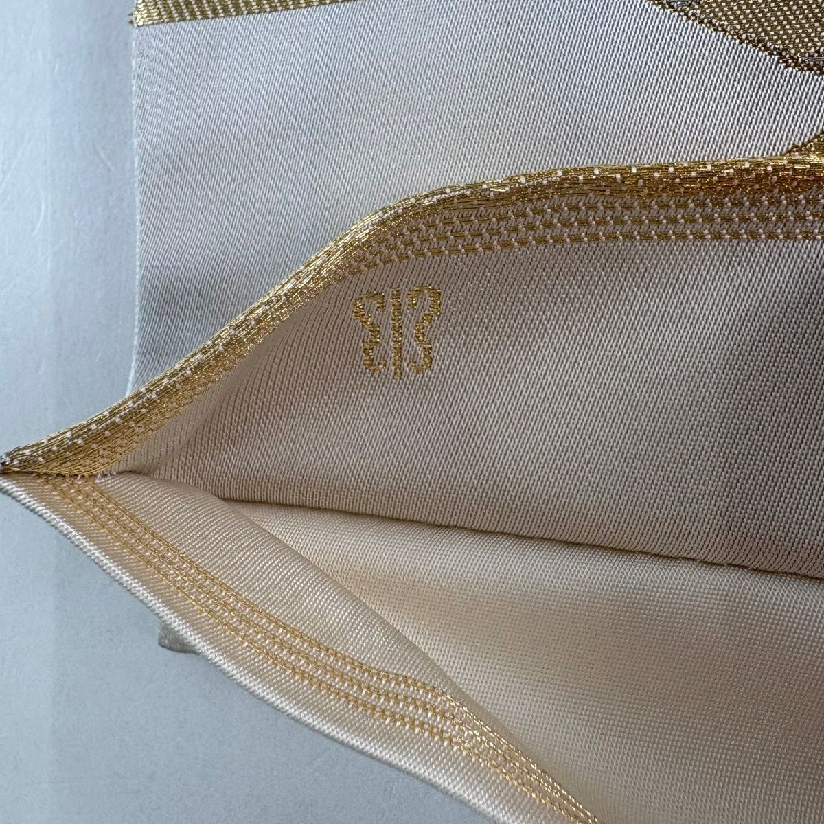袋帶 名品級 川島織物 落款有 扇子面 仙鶴 刺繡 金絲 灰色 六通 純蠶絲