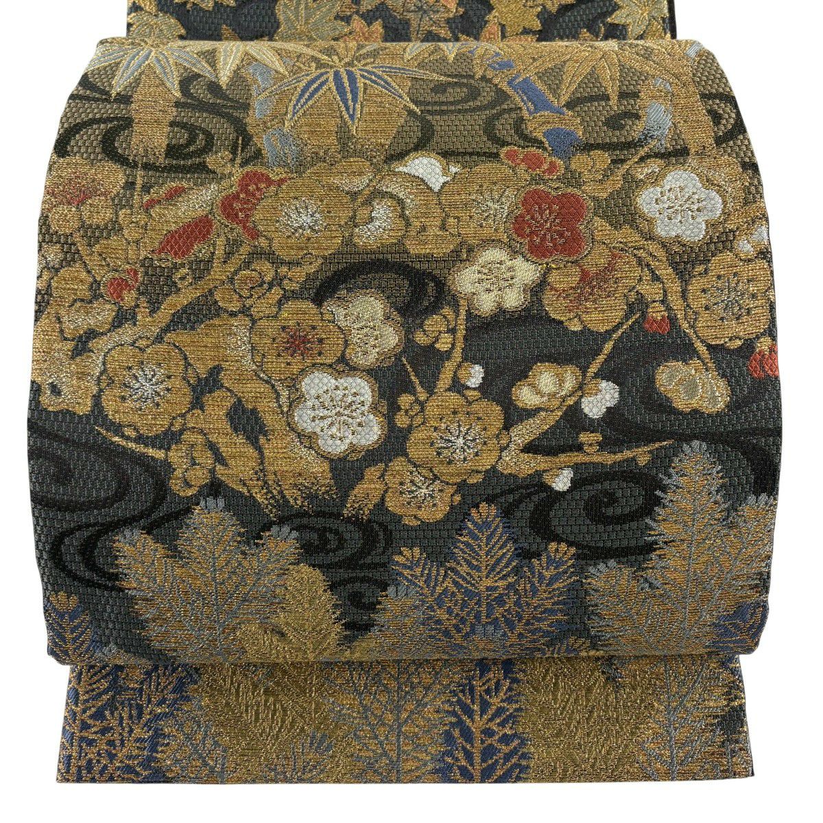 【美品】 袋帶 名品級 松樹竹子梅花 流水 金銀絲 金金箔 灰綠 六通 純蠶絲