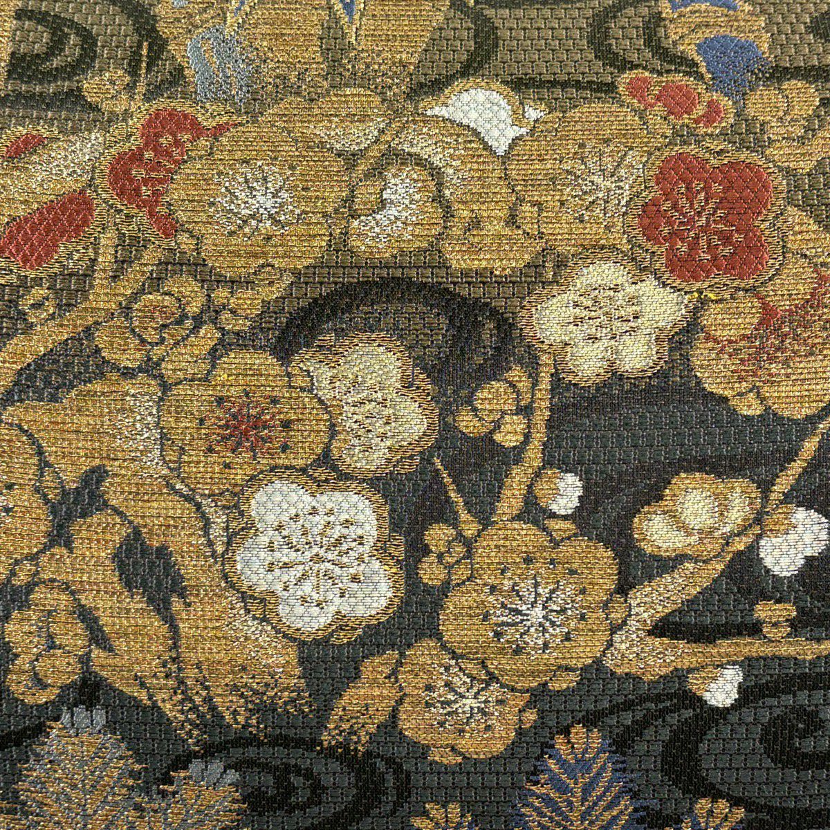 【美品】 袋帶 名品級 松樹竹子梅花 流水 金銀絲 金金箔 灰綠 六通 純蠶絲