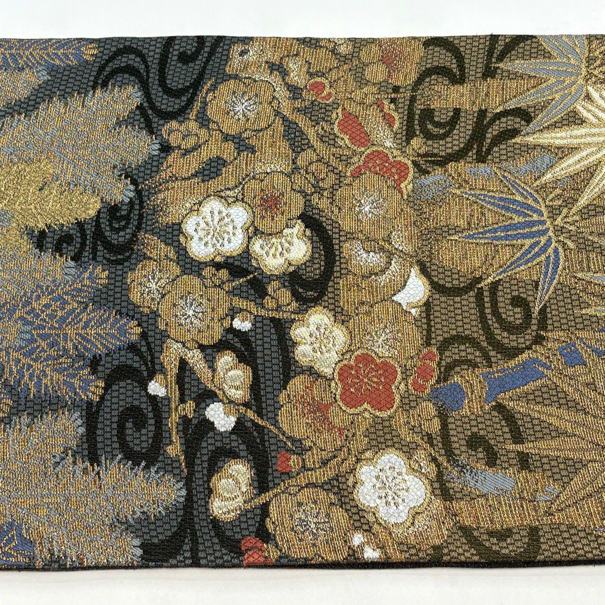 【美品】 袋帶 名品級 松樹竹子梅花 流水 金銀絲 金金箔 灰綠 六通 純蠶絲
