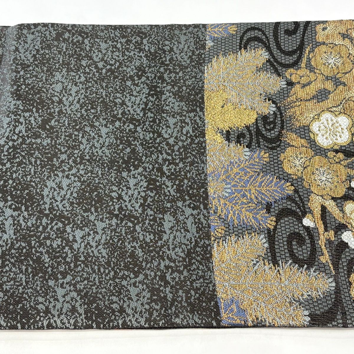 【美品】 袋帶 名品級 松樹竹子梅花 流水 金銀絲 金金箔 灰綠 六通 純蠶絲