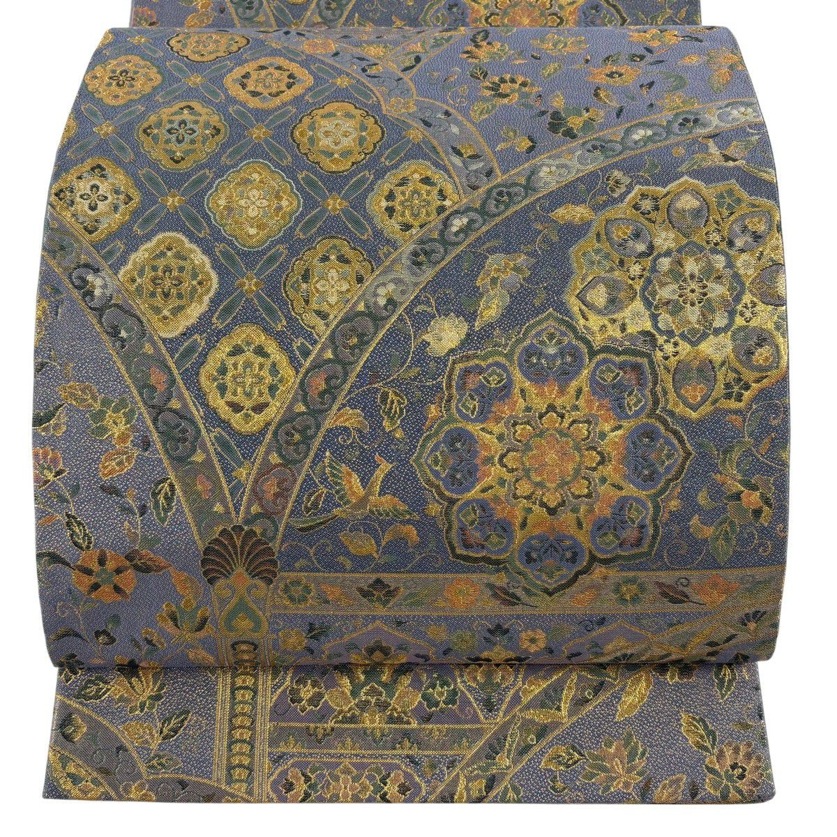 【美品】 袋帶 名品級 華紋 花鳥 金絲 金金箔 灰 深藍 六通 純蠶絲
