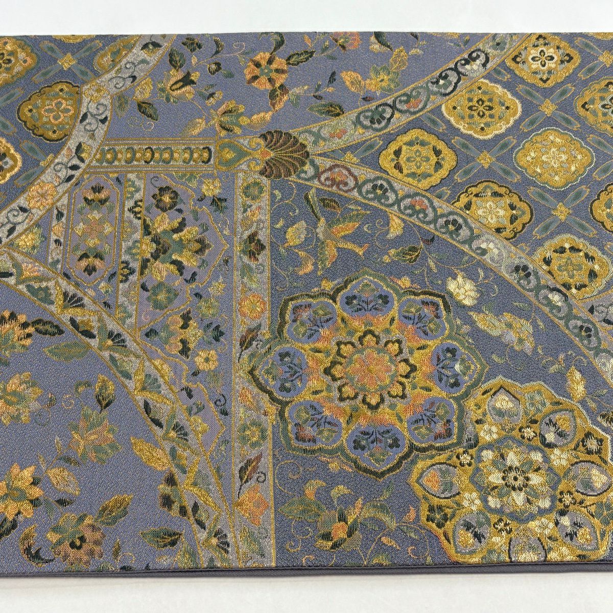 【美品】 袋帶 名品級 華紋 花鳥 金絲 金金箔 灰 深藍 六通 純蠶絲