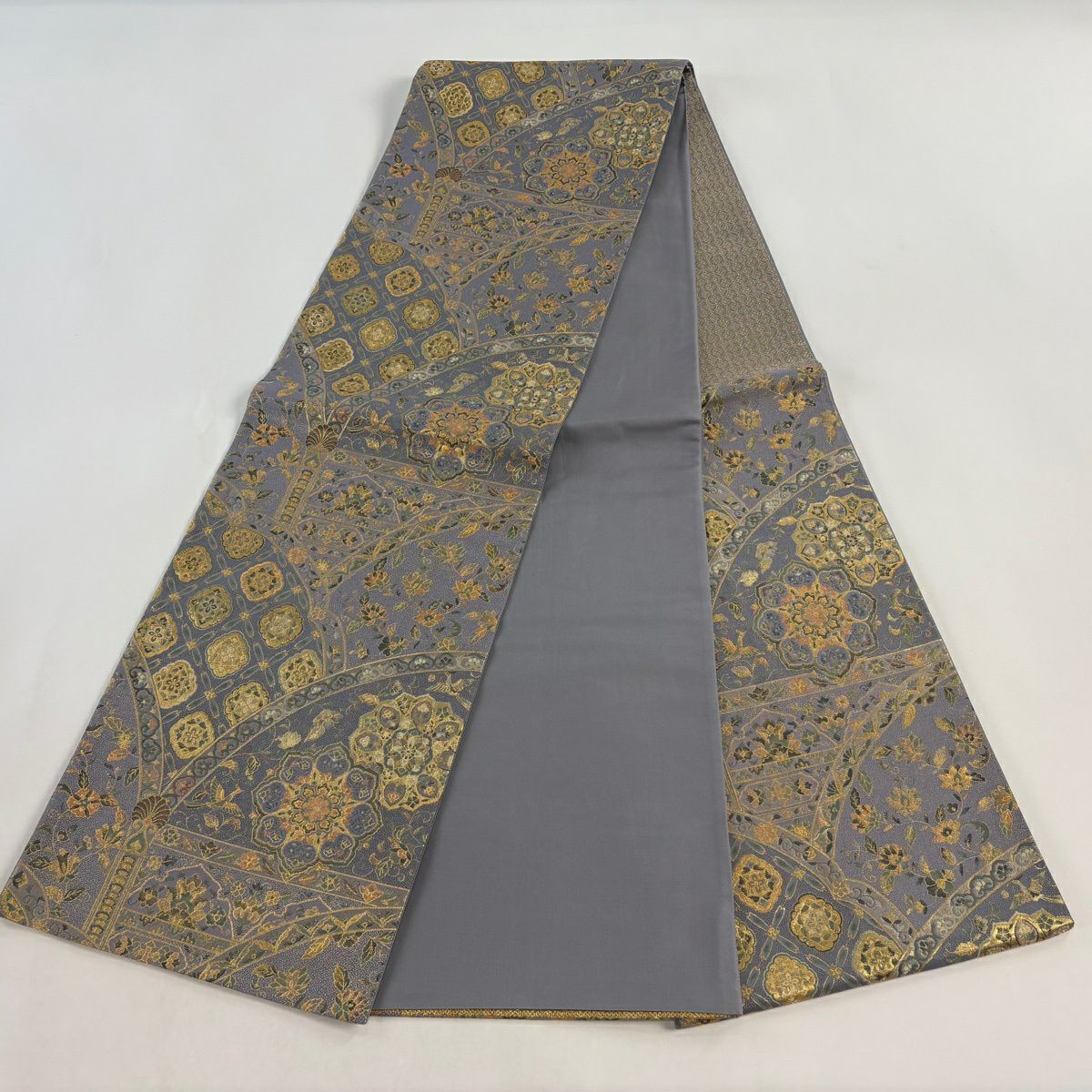 【美品】 袋帶 名品級 華紋 花鳥 金絲 金金箔 灰 深藍 六通 純蠶絲