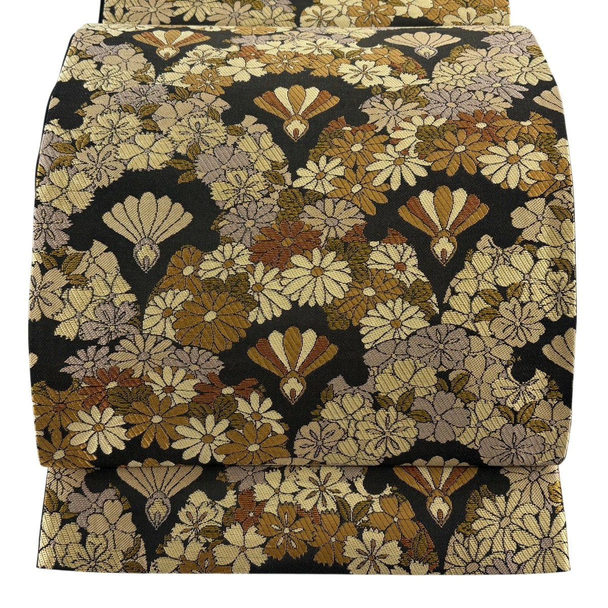 【美品】 袋帶 名品級 附落款 こむさでもーど 雪輪 草花紋刺繡 墨色 六通 純蠶絲