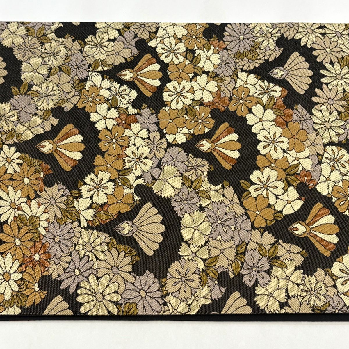 【美品】 袋帶 名品級 附落款 こむさでもーど 雪輪 草花紋刺繡 墨色 六通 純蠶絲