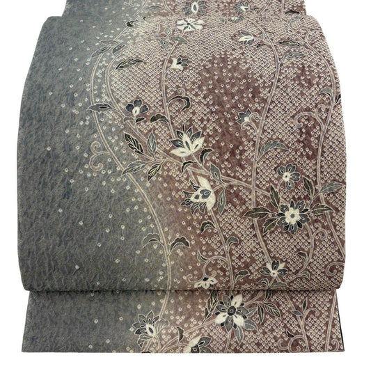 【美品】 袋帶 名品級 手先四通草花紋 兔子 金通薄小豆 六通 純蠶絲