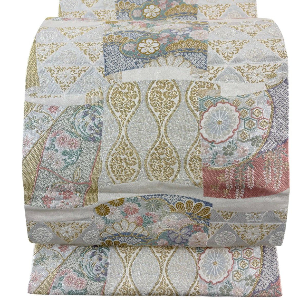 【美品】 袋帶 名品級 草花紋紋 有職文樣 金絲 金金箔 米色 六通 純蠶絲
