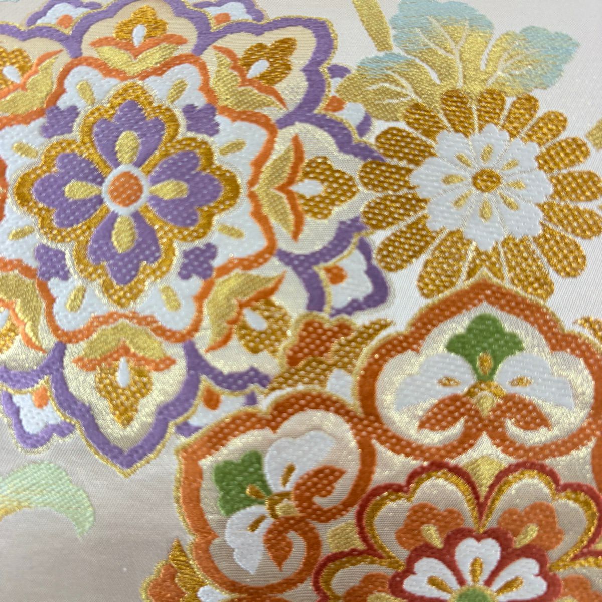 袋帶 名品級 じゅらく 落款 華紋 花唐草紋 金絲 唐織 米色 六通 純蠶絲