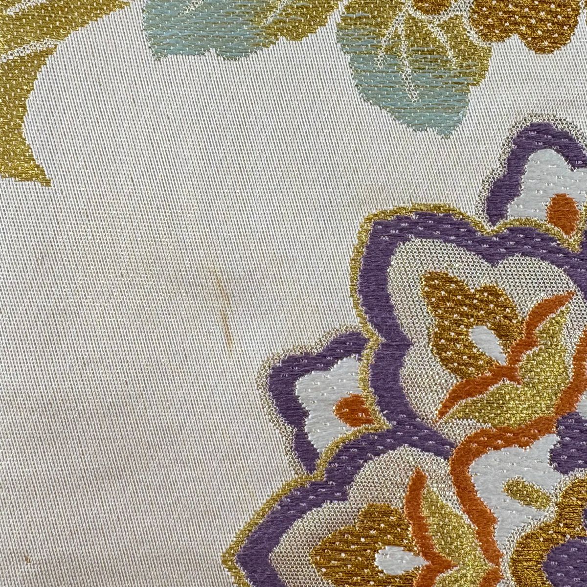 袋帶 名品級 じゅらく 落款 華紋 花唐草紋 金絲 唐織 米色 六通 純蠶絲